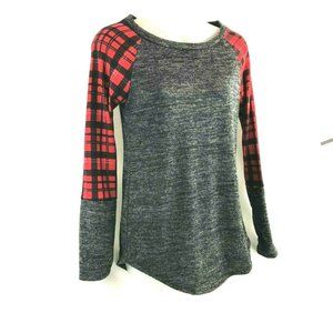 Acting Pro Women's Lightweight Top Small Gray Pullover Long Sleeve Red Plaid